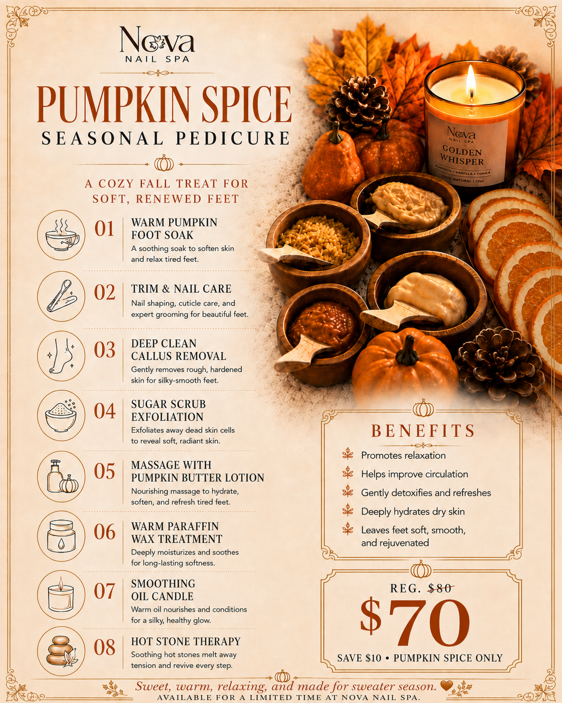 Nova Nail Salon Lubbock TX Pumpkin Spice Seasonal Pedicure Menu